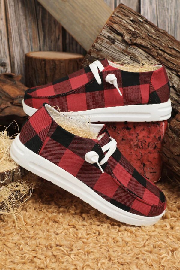 Red Vintage Plaid Lacing Decor Flat Shoes