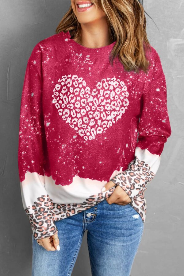 Red Leopard Bleached Heart Graphic Pullover Sweatshirt