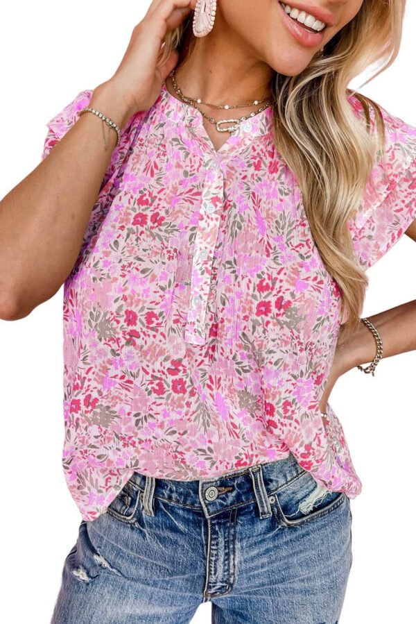 Pink Floral Mandarin Collar Top