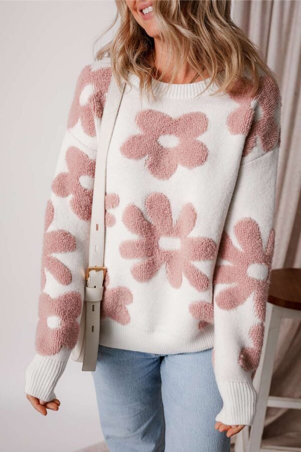 White Textured Flower Drop Shoulder Loose Sweater