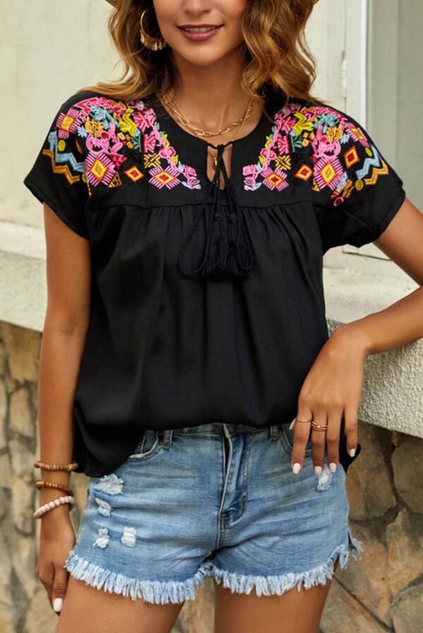 Black Geometric Floret Embroidered Short Sleeve Blouse