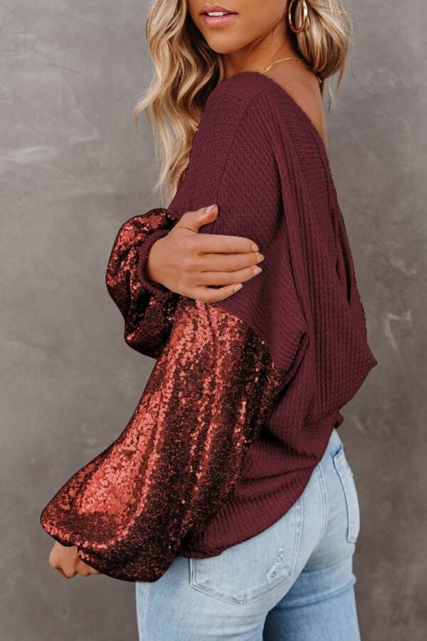 Biking Red Sequin Patchwork Sleeve Open Back Waffle Knit Top