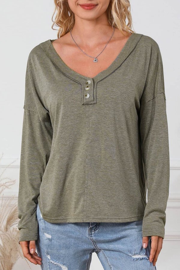 Khaki Long Sleeve V-Neck Stitching Henley Top