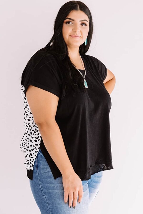 Black Plus Size Cheetah Back Rolled Cuffs T-shirt