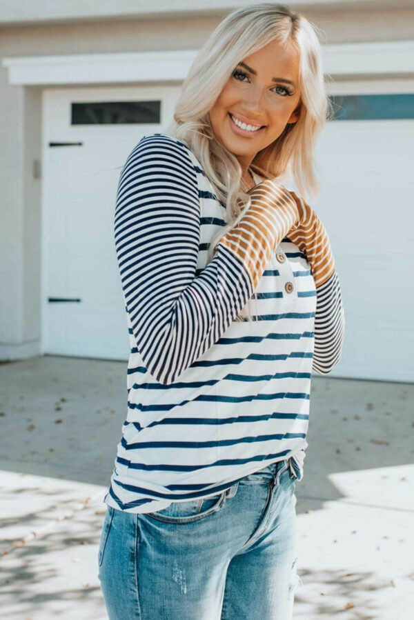 Long Sleeve Stripe Button Henley Top