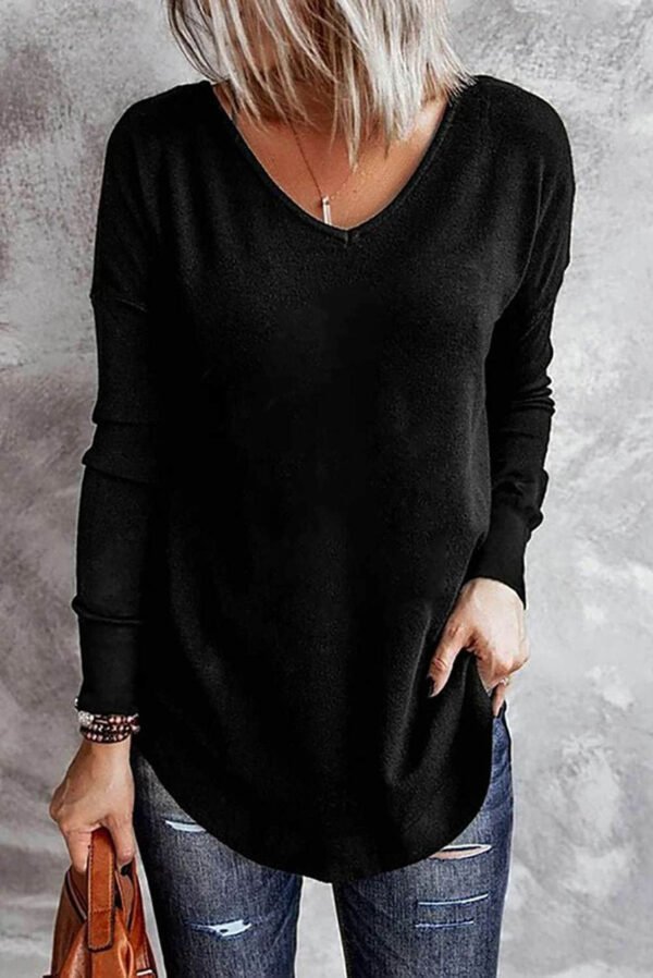 Black Solid Color V Neck Long Sleeve Knit Top