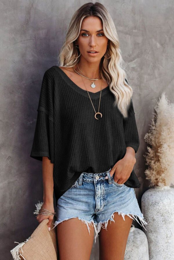 Black White Waffle Knit Drop Shoulder Loose Top