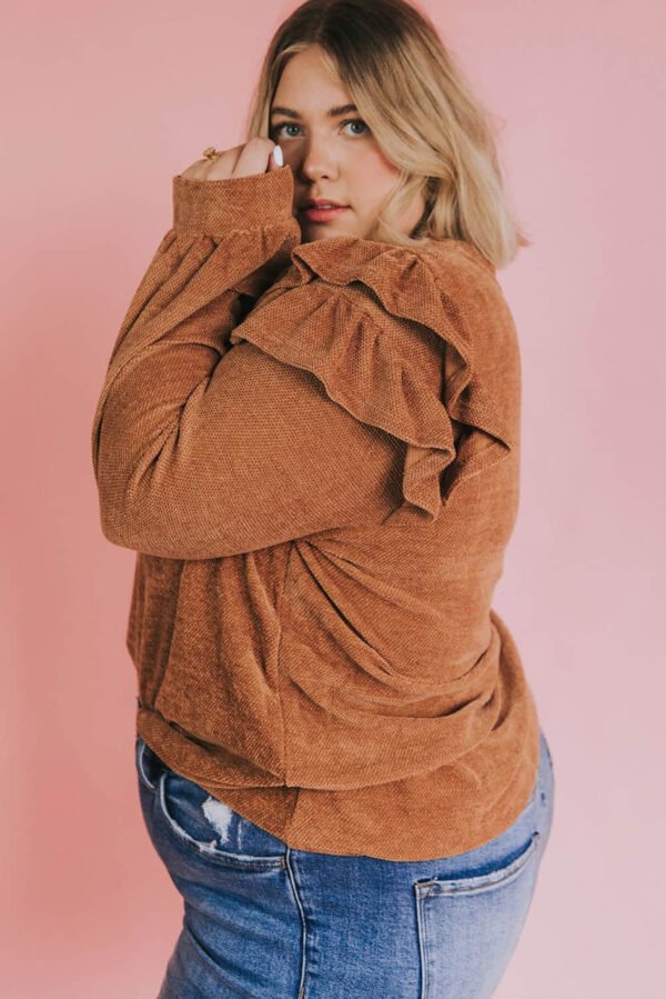 Brown Plus Size Solid Ruffled Tiered Long Sleeve Top