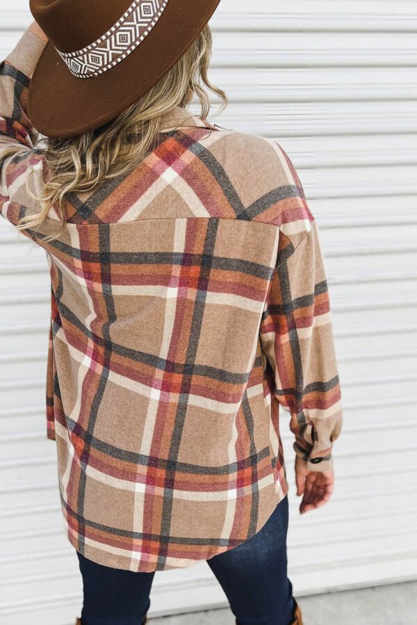 Khaki Chest Pockets Buttoned Oversized Plaid Shacket