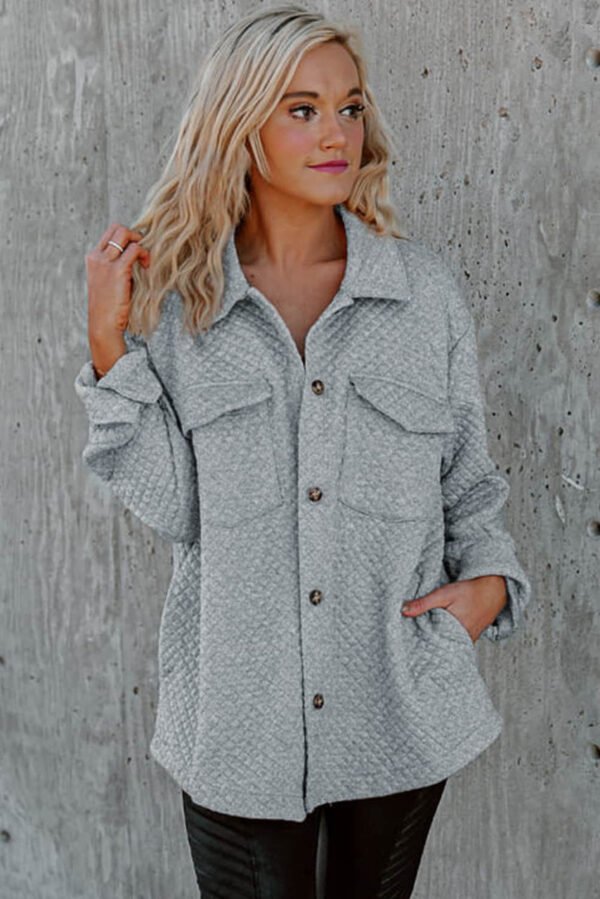 Gray Lattice Texture Retro Flap Pocket Button Shacket