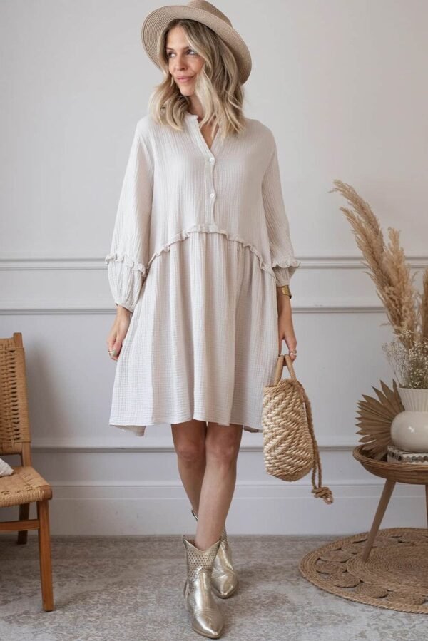 Apricot Frill Trim Half Buttoned Textured Dress