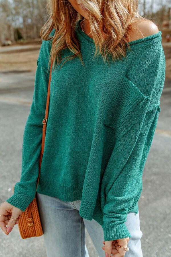 Green Solid Color Off Shoulder Rib Knit Sweater with Pocket