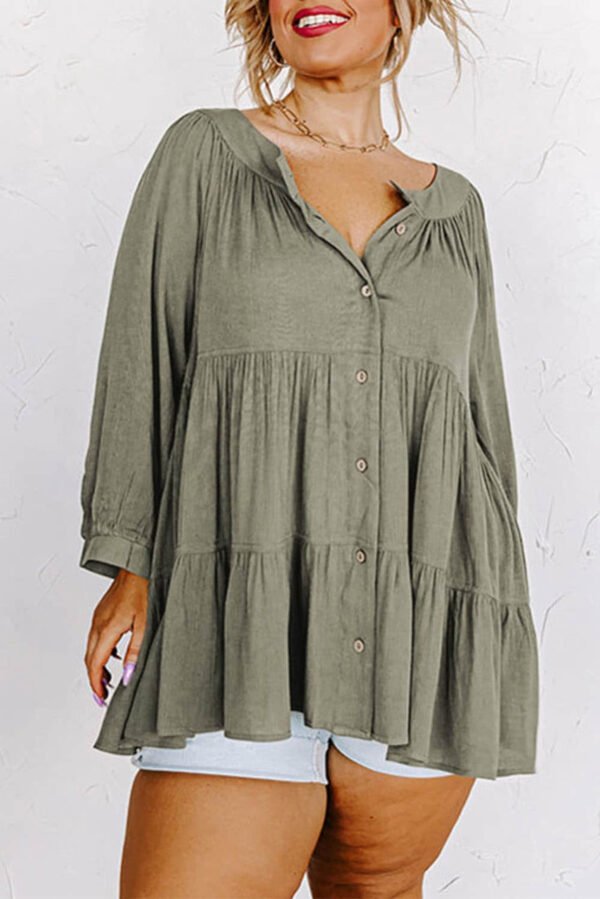 Green Plus Size Ruffle Tiered Split Neck Shirt