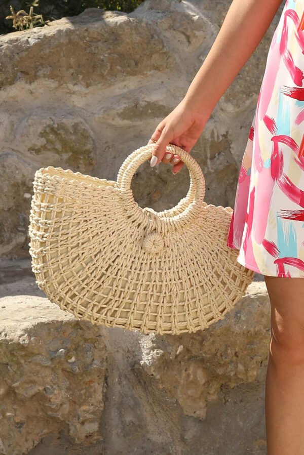 Beige Bamboo Weaving Semicircle Tote Handbag