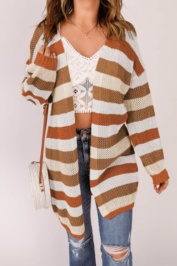 Brown Striped Color Block Hollowed Knit Cardigan