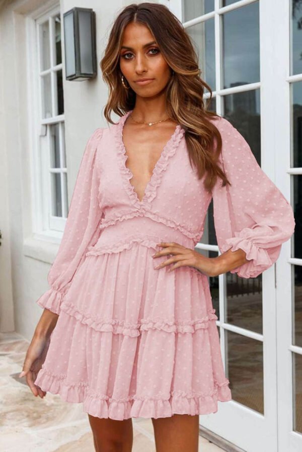 Pink Layered Ruffled Open Back Puff Sleeve Swiss Dot Mini Dress