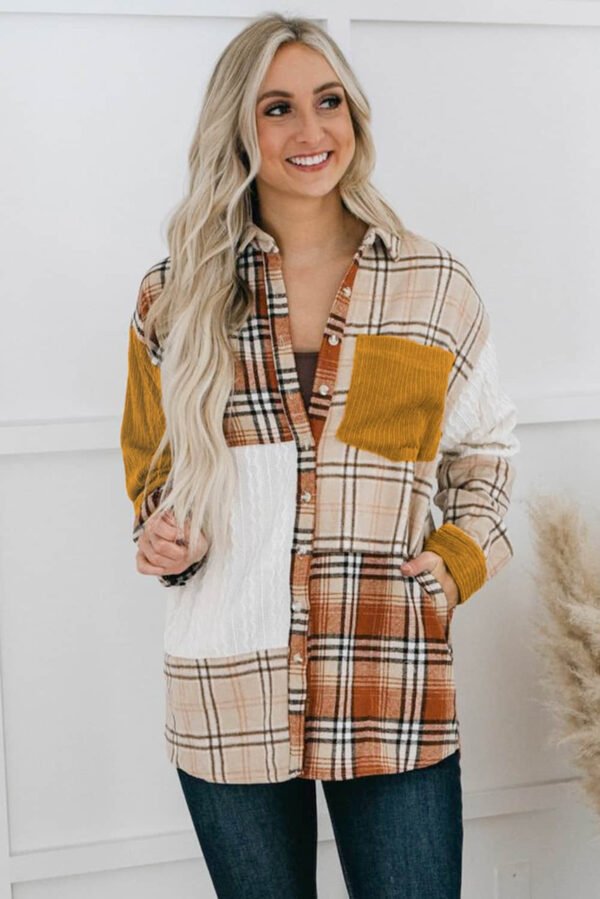 Orange Plaid Color Block Patchwork Shirt Jacket with Pocket