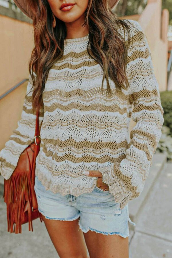 Wavy Stripe Scalloped Edge Pointelle Knit Sweater