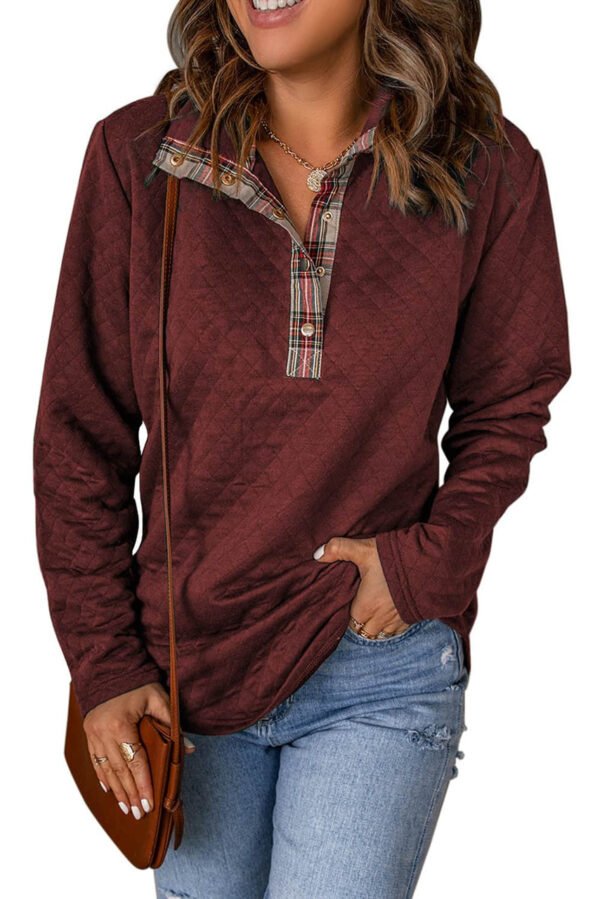 Red Geometric Texture Plaid Trim Sweatshirt