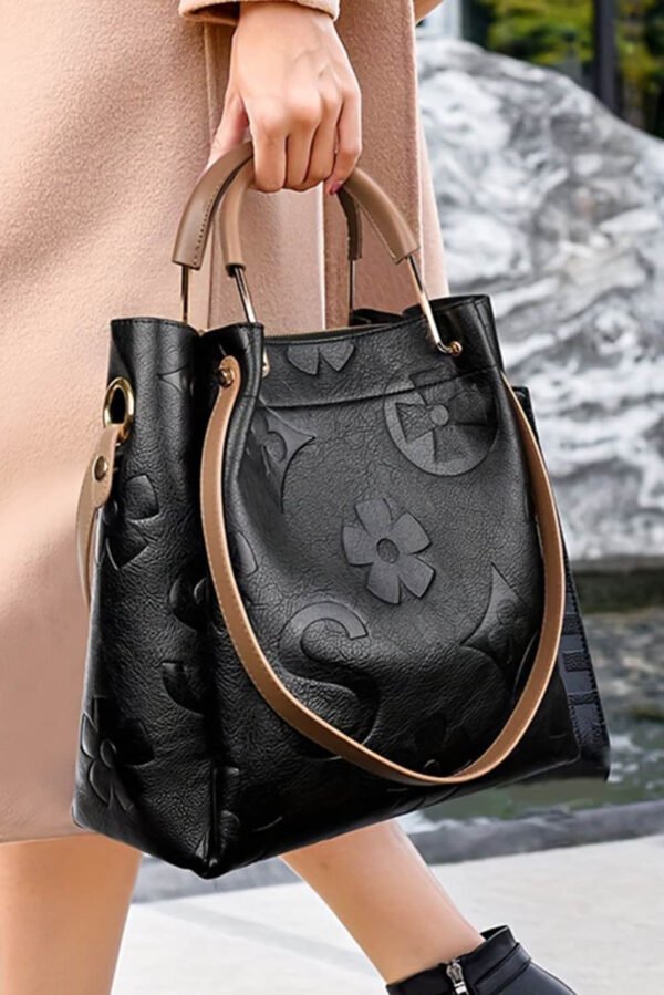 Black Embossed Leather Multi-functional Shoulder Bag with Handle