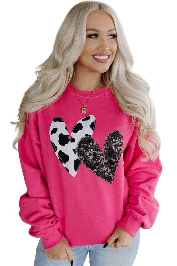 Strawberry Pink Cow & Sequin Double Heart Patch Graphic Sweatshirt