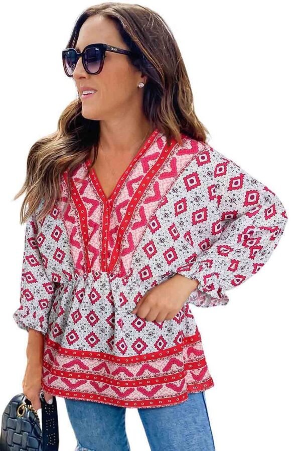 Red Geometric Print 3/4 Sleeve V-Neck Shirred Waist Flared Blouse