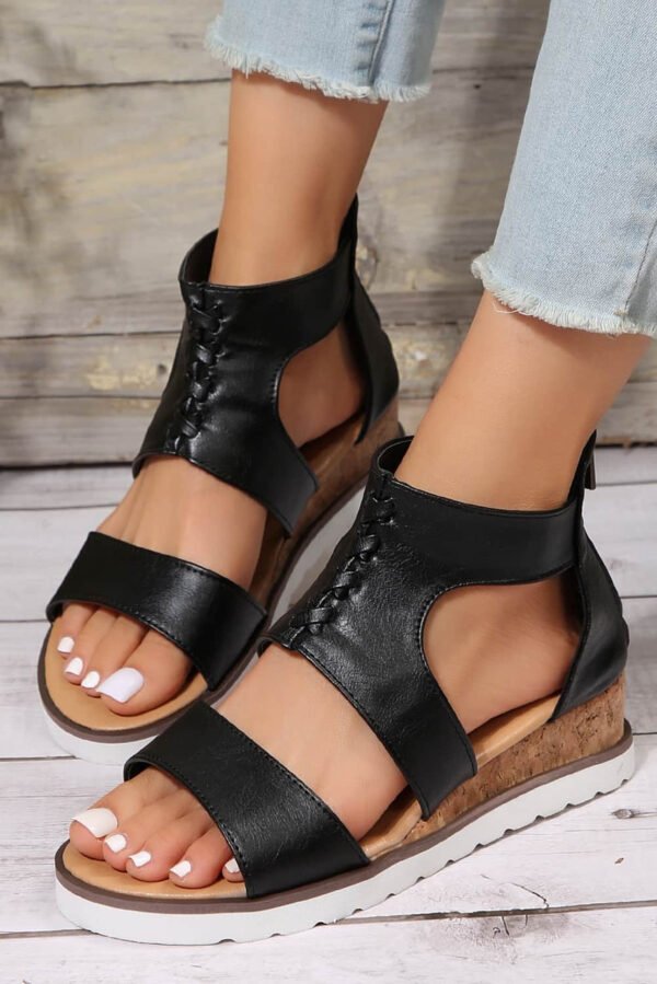 Black Crisscross Detail Hollowed Leather Gladiator Sandals