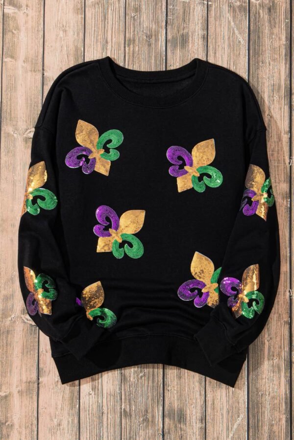 Black Sequin Mardi Gras Graphic Pullover Sweatshirt