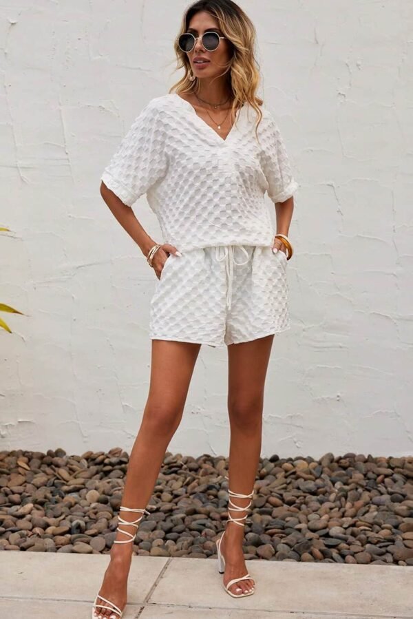 White Textured Split Neck Top and Drawstring Shorts Set