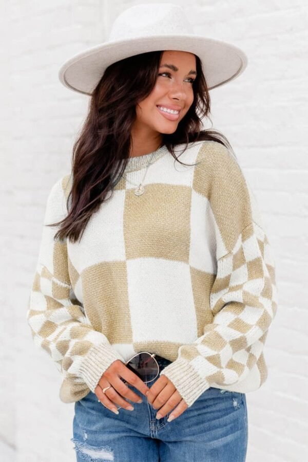 Flaxen Checkered Print Drop Shoulder Sweater