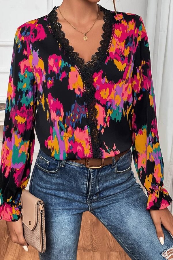 Black Abstract Printed Flounce Sleeve Lace V-Neck Blouse