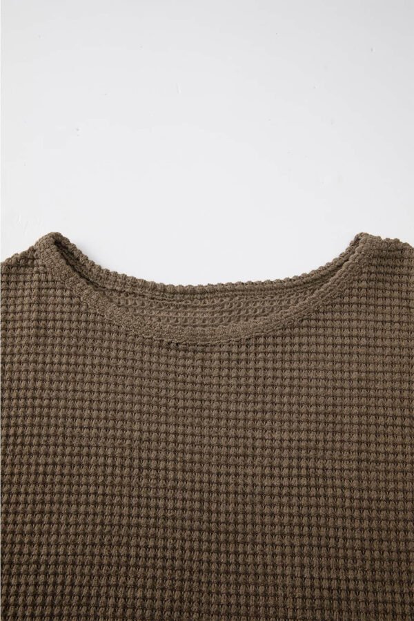 Dark Brown Waffle Knit Drop Shoulder Long Sleeve Top