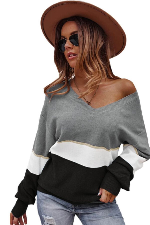 Gray Colorblock V Neck Sweater