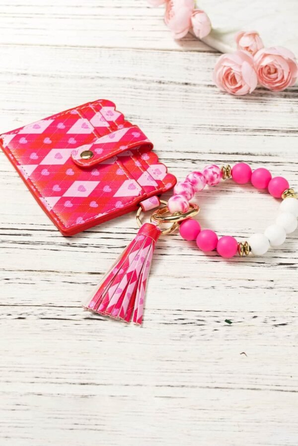 Rose Red Valentine Fashion PU Card Bag Key Chain with Silicone Bracelet