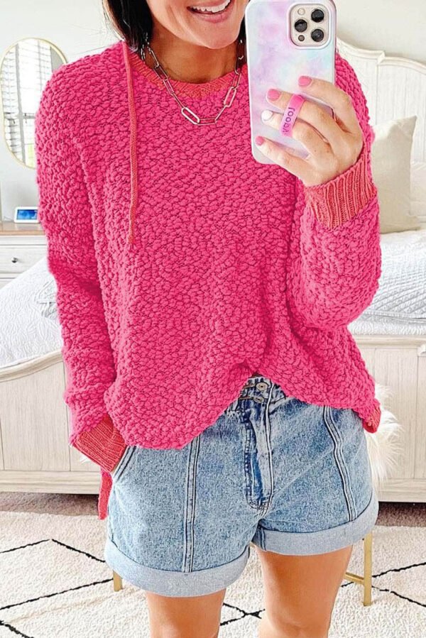 Rose Loose Popcorn Textured Hooded Sweater