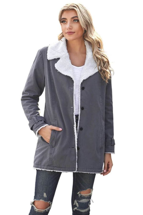 Gray Lapel Collar Button Fleece Jacket