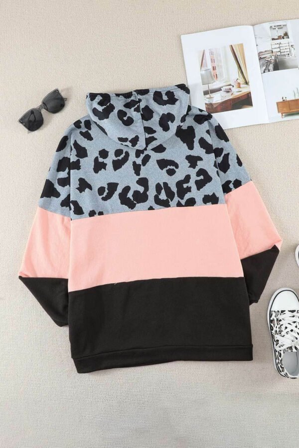 Plus Size Leopard Colorblock Splicing Hoodie with Pocket