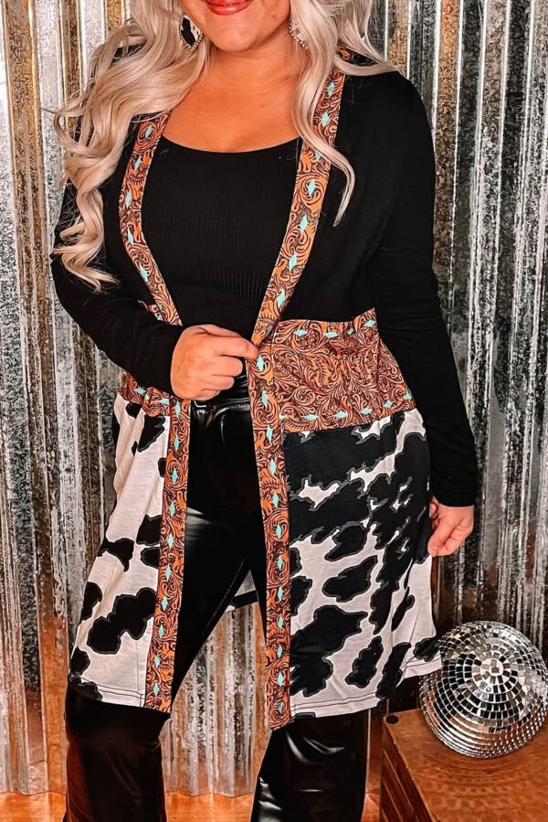 Black Western Pattern Cow Patchwork Open Front Cardigan