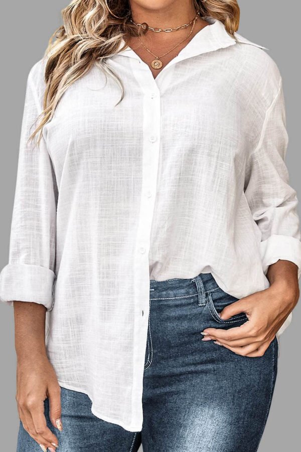 White Plus Size Linen Textured Button Up Shirt