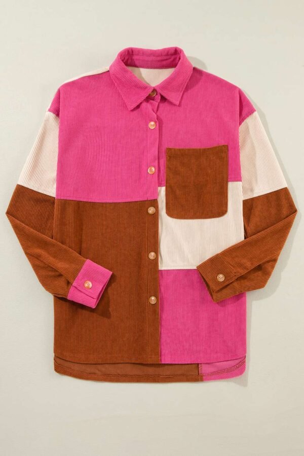 Rose Red Colorblock Curved Hem Corduroy Shacket with Pocket