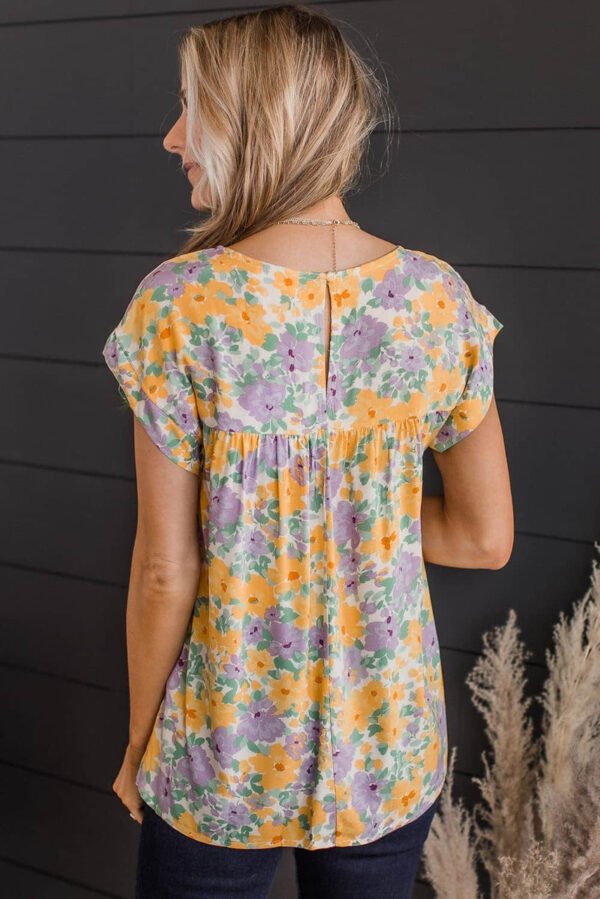 Yellow Floral Print Keyhole Back Short Sleeve Babydoll Blouse