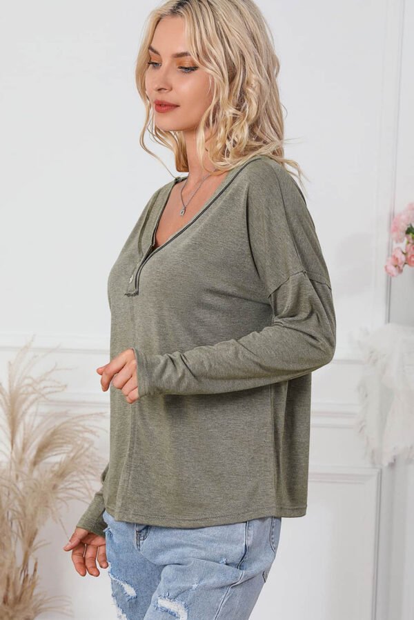 Khaki Long Sleeve V-Neck Stitching Henley Top