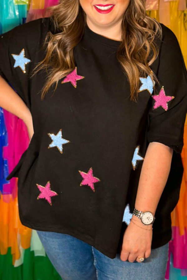 Black Sequin Chenille Star Pattern Plus Size Tee