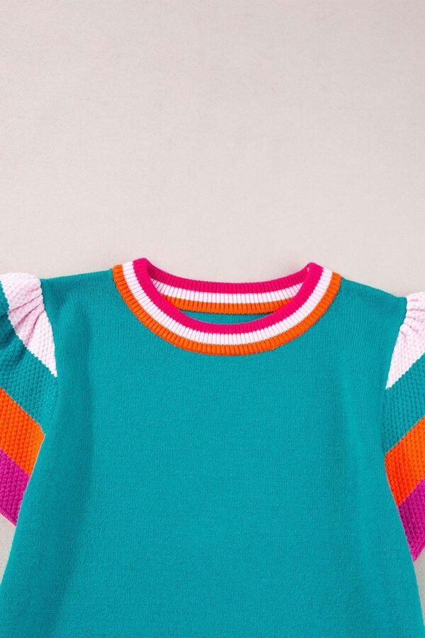 Turquoise Contrast Flutter Sleeves Knitted Sweater T Shirt