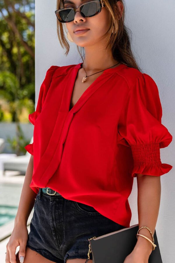 Red Solid Color Half Sleeve V Neck Blouse