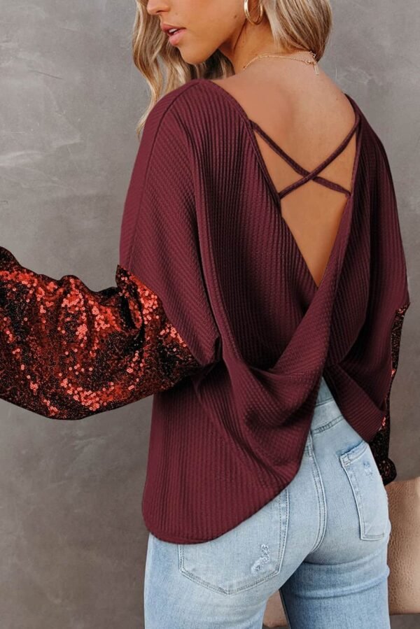 Biking Red Sequin Patchwork Sleeve Open Back Waffle Knit Top