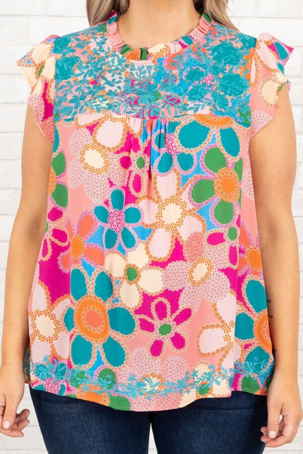 Multicolor Plus Size Floral Embroidered Flutter Sleeve Tank Top