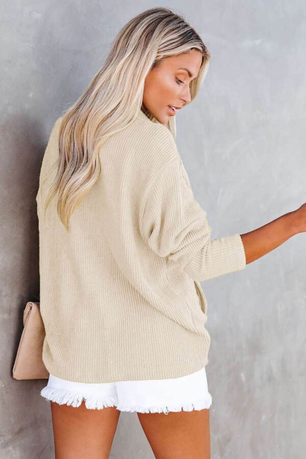 Beige Pocketed Button Ribbed Textured Shacket