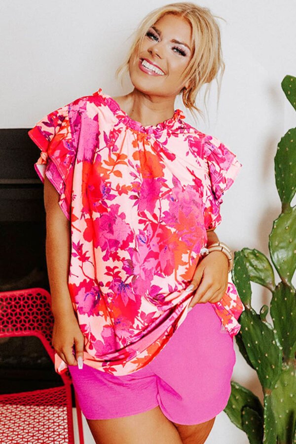 Rose Ruffle Tiered Sleeve Frill Neck Floral Plus Size Blouse