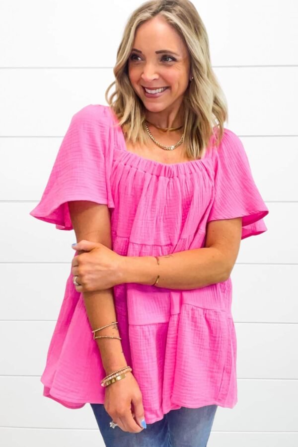 Bright Pink Textured Square Neck Flutter Sleeve Tiered Flowy Blouse